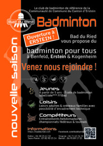 Rentrée 2023/24 pour le badminton à Erstein, Benfeld et Kogenheim